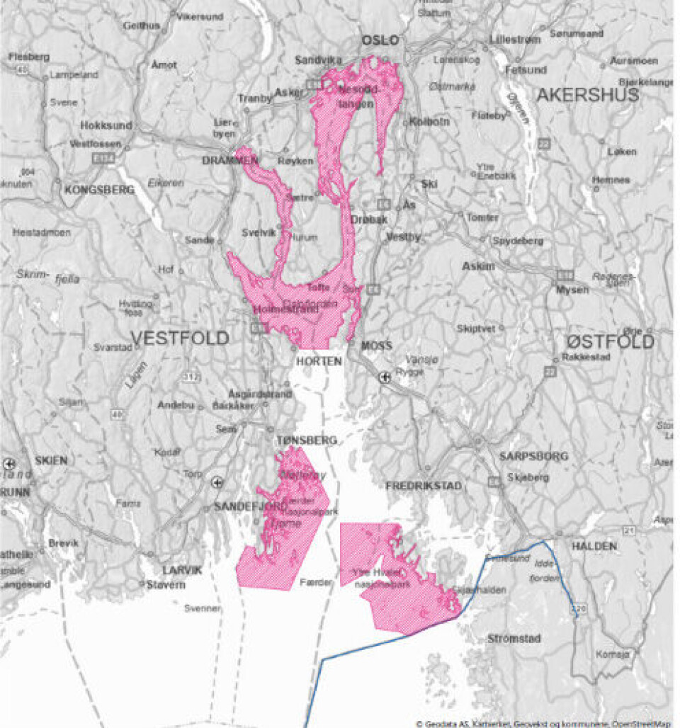 Kart over områdene der det innfører tiltak i Oslofjorden. Kart over områdene der det innfører tiltak i Oslofjorden.